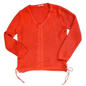 Tu‎ V Neck Lace Up Cable Knit Sweater Womens 12 Orange
